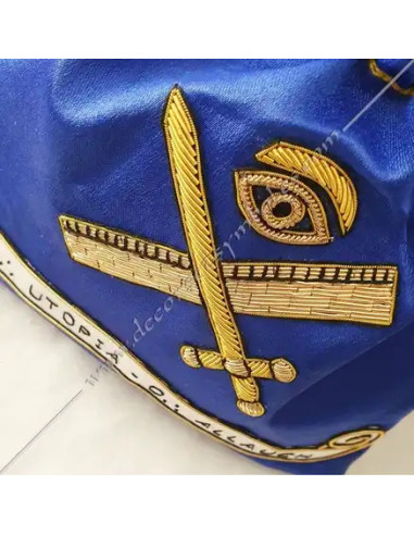 Proposal bag in blue satin embroidered by hand. Tools of Lodge, masonry accessories, fm. Regalia, symbols and signs