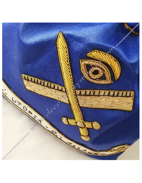 Proposal bag in blue satin embroidered by hand. Tools of Lodge, masonry accessories, fm. Regalia, symbols and signs