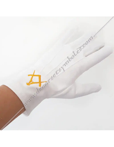 Masonic Cotton White Gloves with Gold Embroidery and Compass