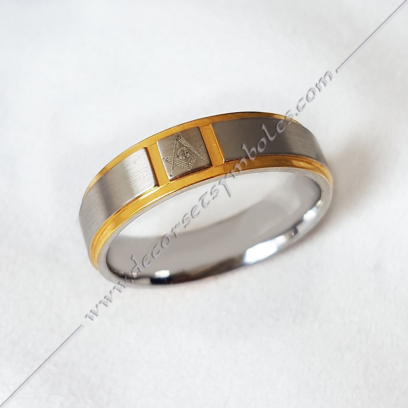 Brushed stainless steel maconic ring with square, compass and G