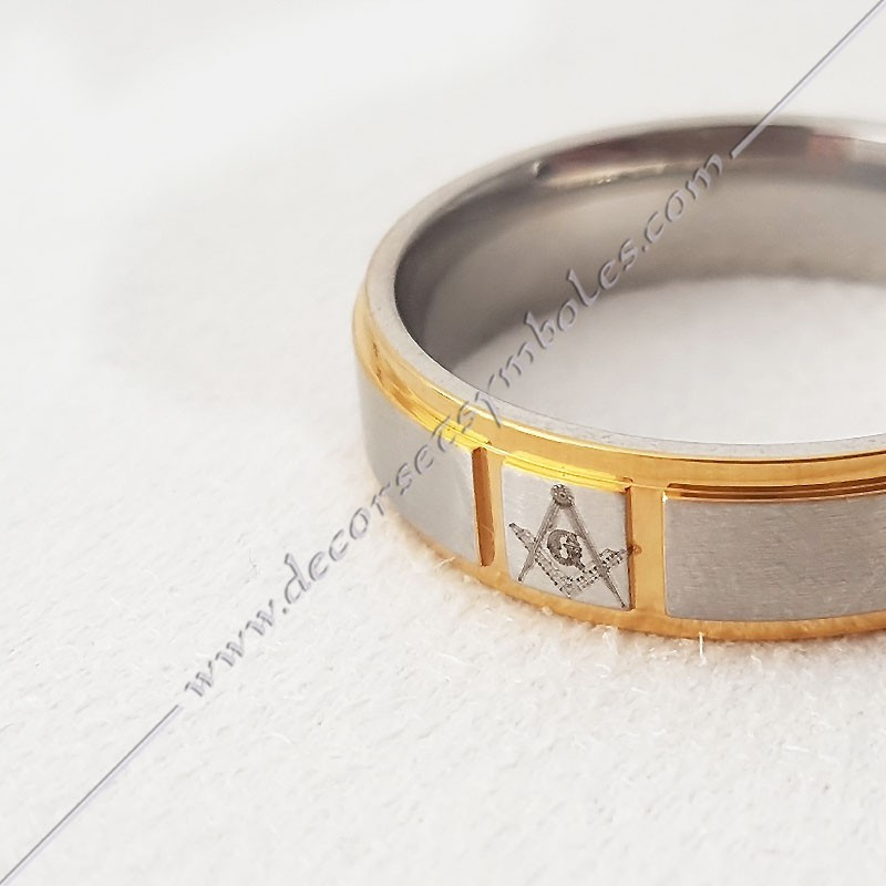 Brushed stainless steel maconic ring with square, compass and G