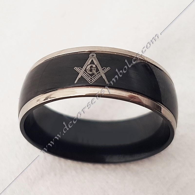 Steel and resin maconic ring with square, compass and low G