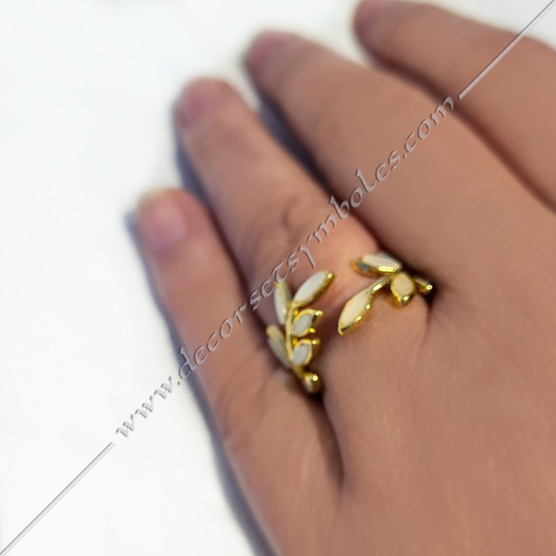 BFM090-bagues-anneaux-maconniques-acacia-ajustable-ouverte-or-doree-feuilles-nacree-fm-blanche